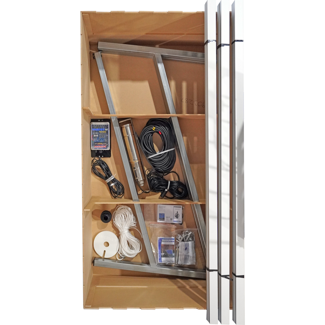 The bundles custom SolarNSat laser cut box neatly packaging all the required equipment for installing the solar bore pump