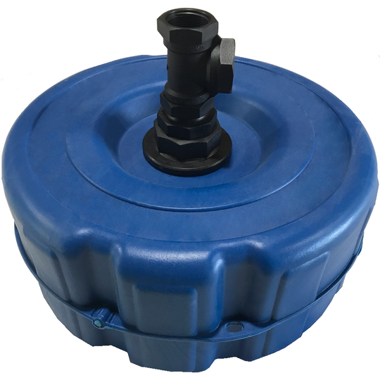 A blue damn float kit with a black poly fitting